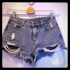 Distressed high rise denim shorts